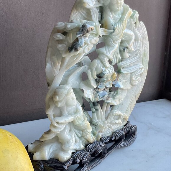 Jadeite Carving of "Two Immortals" Hehe Erxian on a carved wood base Antique - Picture 5 of 13